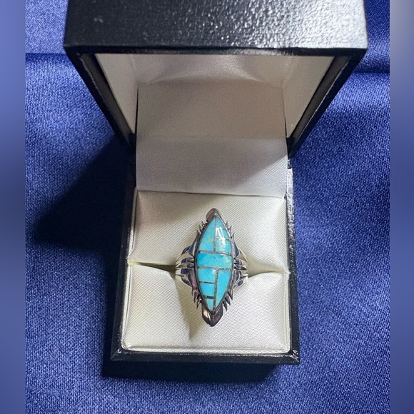 Mosaic Turquoise Inlay Sterling Silver Ring - Picture 1 of 7
